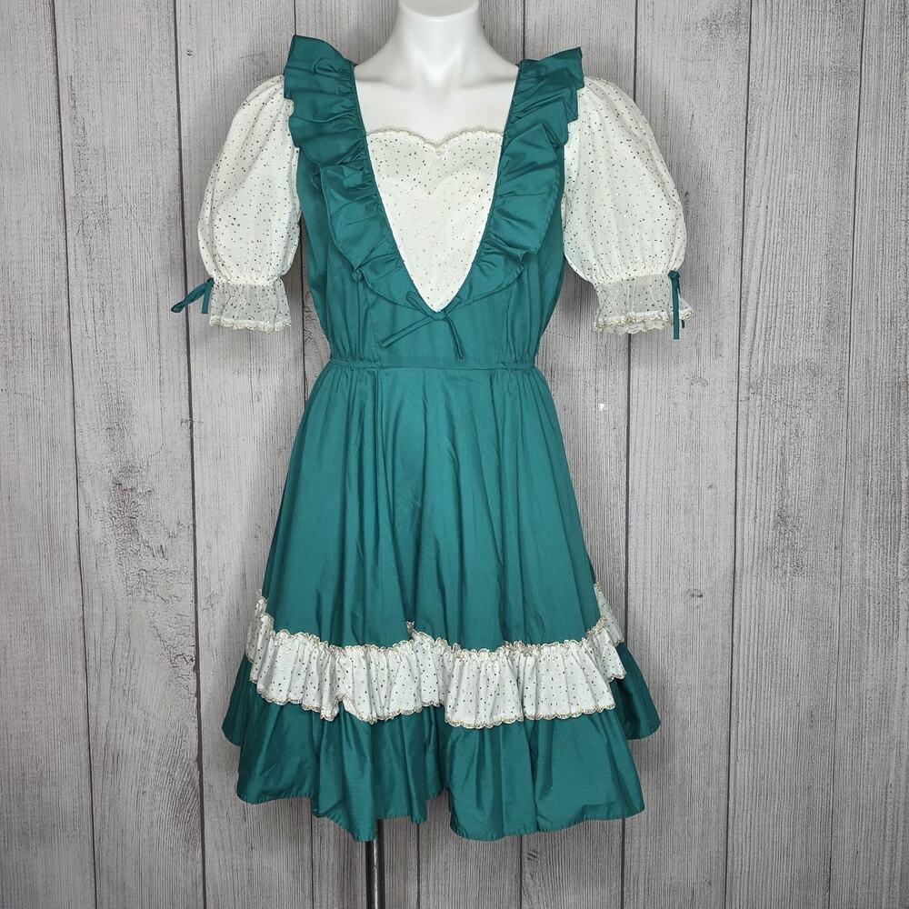 Vintage 80s Prairie Dress Teal Ruffle Puff Sleeve Cottagecore Size 10